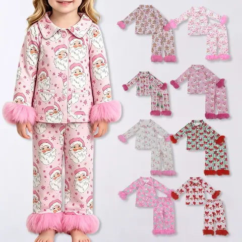 Girls' Christmas Blush Pink Santa Print Long Sleeve Feather Cute Pajama Sets, Durable Quality Adorable Style Sleepwear