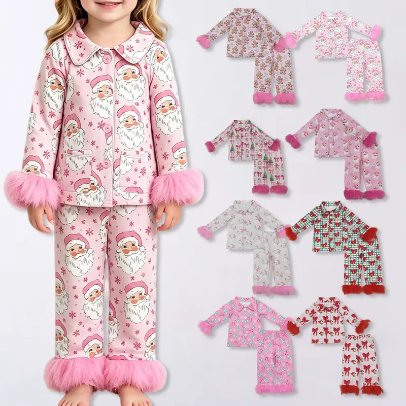Girls' Christmas Blush Pink Santa Print Long Sleeve Feather Cute Pajama Sets, Durable Quality Adorable Style Sleepwear