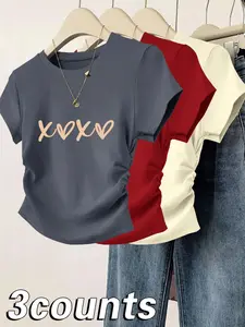 Valentine’s Day Heart Print Summer Casual Simple Romantic Round Neck Short Sleeve T-Shirt Set, Comfortable Fabric, Multiple Colors Available, Fit, Round Neck Graphic Daily Commuter short sleeve T-shirt, TikTok Trending T-shirt