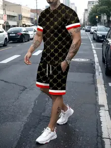 Summer Fashion Casual Classic Men's Set, Digital Print T-Shirt and Track Shorts, Breathable Soft Summer Fabric Clothes, Round Neck Top with Drawstring Shorts