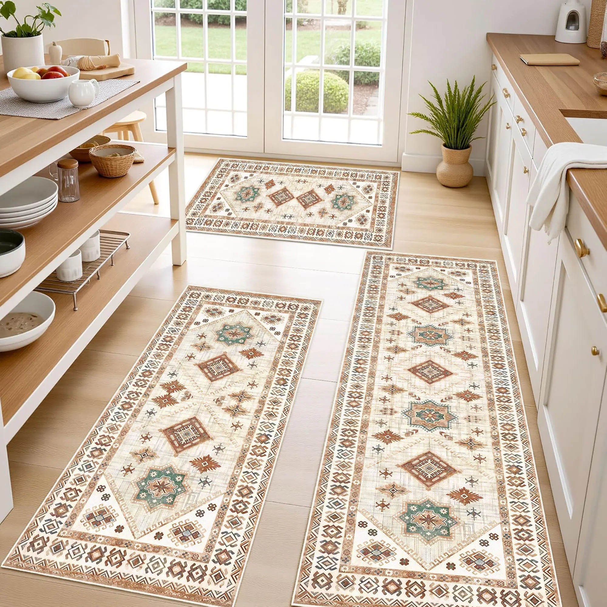 3PCS Kitchen Rug Set of 3 with Runner – Non-Slip Washable Boho Kitchen Mats for Sink, Floor, Entryway & Hallway & Bathroom – Soft Small Throw Area Rugs, Home Decor