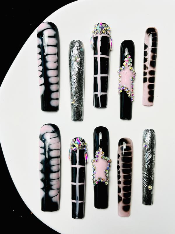 10Pcs Handmade Press on Nails Long Square Goth Acrylic Black Pink Nail Supplies Fake Nails Stickers Y2K Cute Suitable For Girls And Women Festivals Parties  Gems Stuff French Gems Stuff Salon Quality Rhinestone Rhinestone Embellished