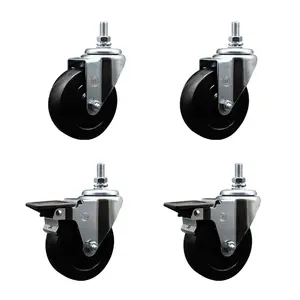 212 MAIN Service Caster SCC-TS20S414-SRS-M1015-2-PLB-2 Lockable Soft Rubber Swivel Threaded Stem Caster, 4x1.25 in. Black Wheels, 10 mm Stems - Set of 4, Lockable Wheels
