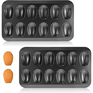 2 Pack Madeleine Pans for Baking, 12 Cavity Heavy Duty Shell Shape Baking Mold Nonstick Cookie Cake Pan for Oven BLACK