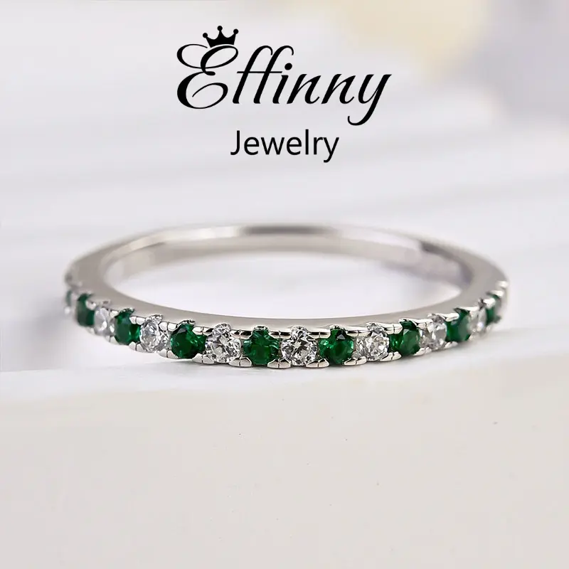 Effinny Jewelry Green And White Stone Round Cut Wedding Ring in 925 Sterling Silver, 5A Cubic Zirconia Stackable Ring for Women Outdoorfun, Statement Multi Ring, Adults