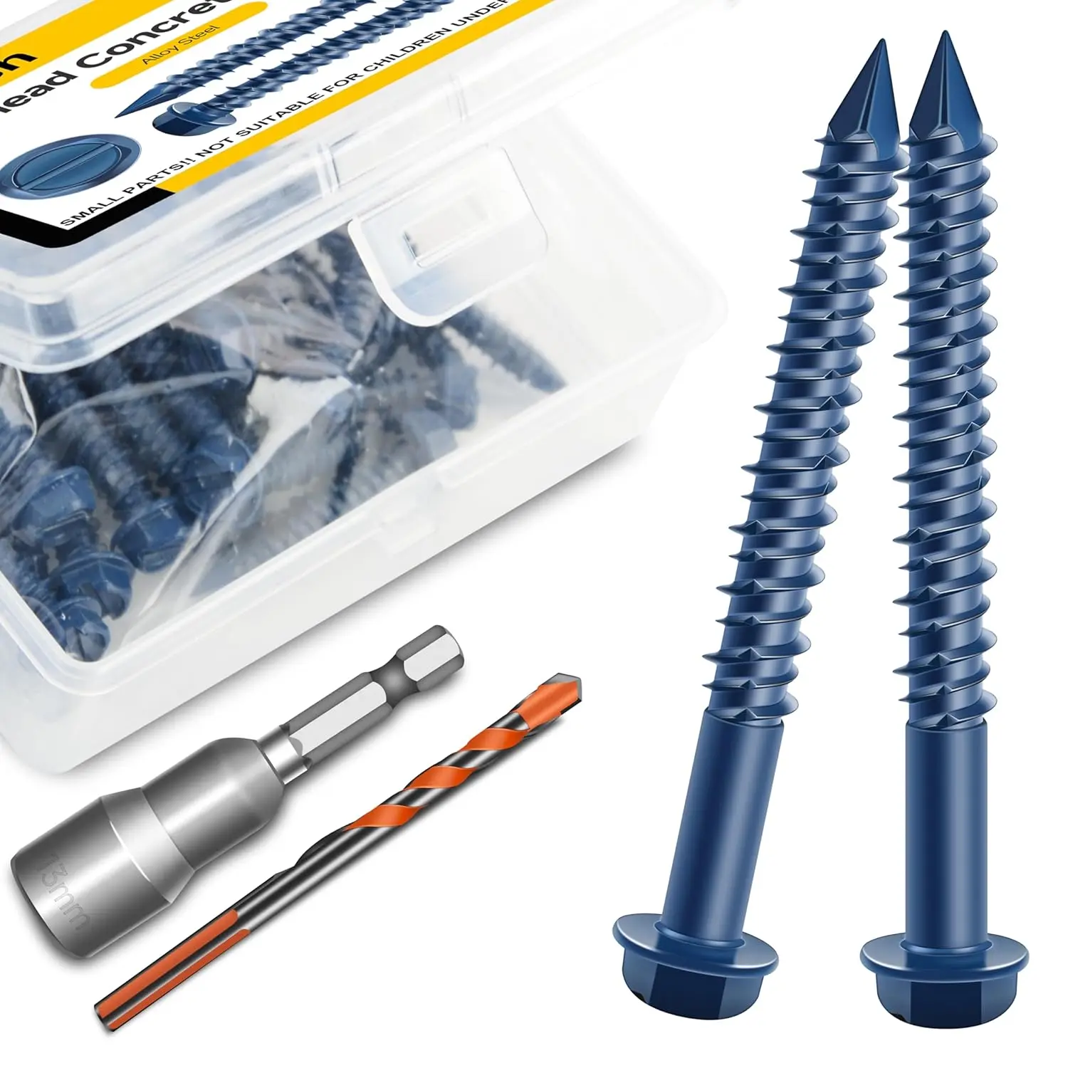 100-Count Carbon Steel 1/4x2-3/4in Self-Tapping Hex Head Concrete Screws Kit, Slotted Hex Washer Head Masonry Anchors with 3/16 Drill Bit Set for Block, Brick, Stucco