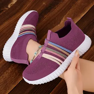 Women's Plum Purple Knit Slip-On Sneakers |   Multi-Stripe Accent Breathable Mesh Sole Lightweight Non-Slip Daily/Outing Comfort Sports Shoes
