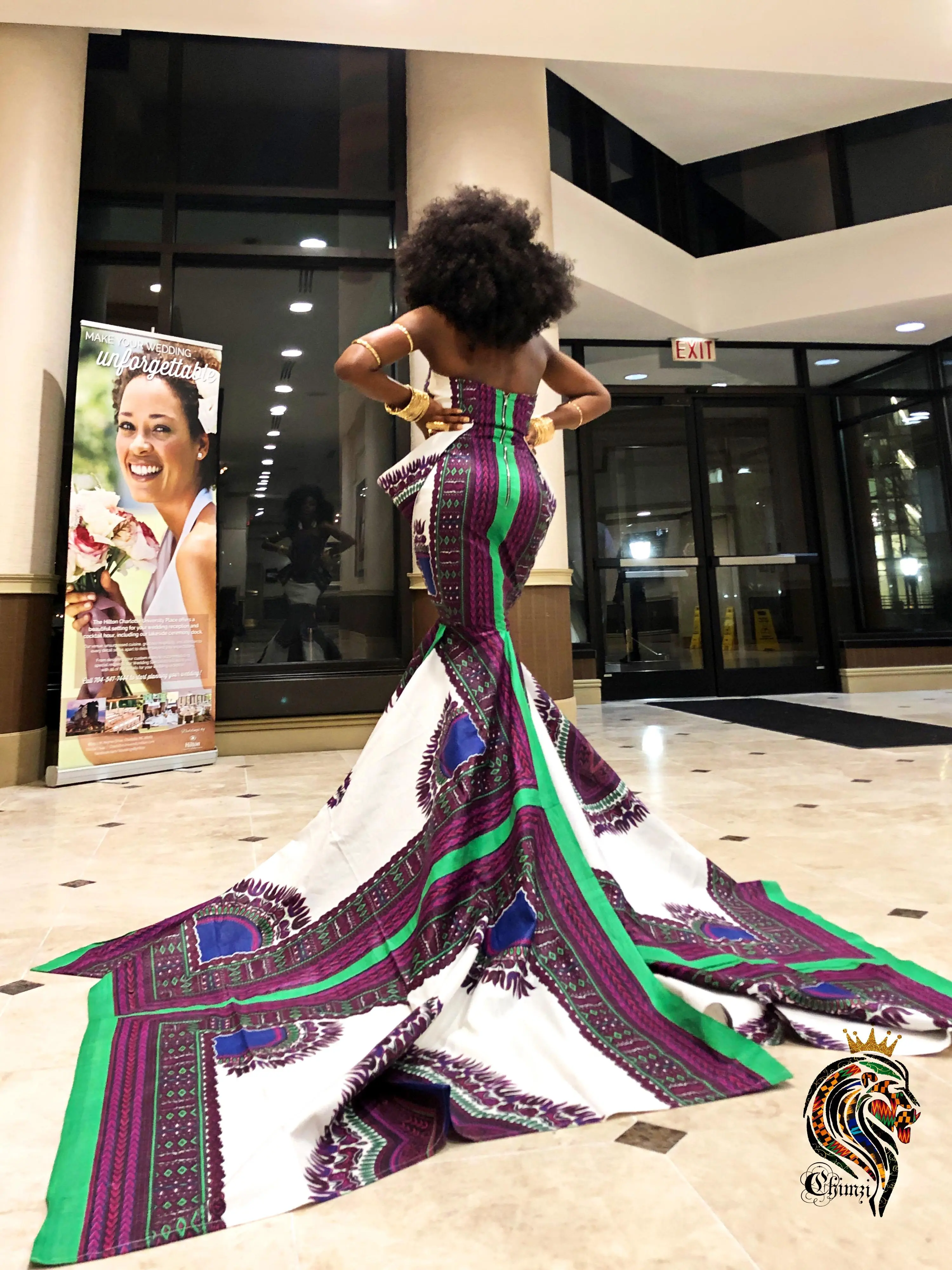 Queen Chisom Women's Mermaid Dress In White And Purple African Ankara Dashiki Kente Print Fabric