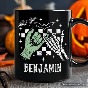 Monster Skeleton Pinky Promise Personalized Mug, Funny Spooky Halloween Mug