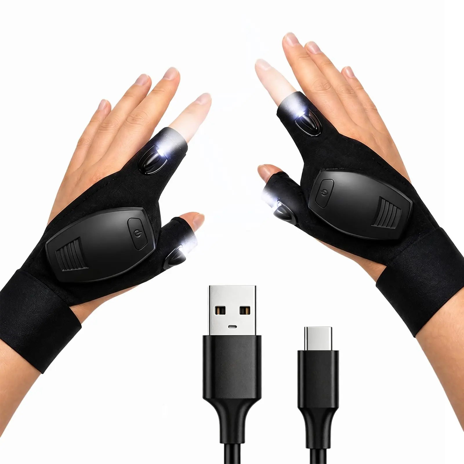 LED Flashlight Gloves for Men, Hands-Free Finger Light Gloves for Night Fishing Camping Hiking Repair Work, Waterproof Adjustable Outdoor Work Gloves, Cool Gadgets Gifts for Men, Car Repair