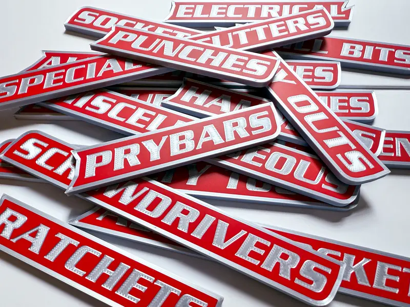 ColKy Designs - 12-Pack Premium Magnetic Toolbox Labels for Tool Organization - 12 Pack of High Quality 3D Printed Personalized Magnets for Metal Cabinets, Drawers, Tool Chests, Decor Plastic Gift - Made to Order • Core Colors • No Custom Text