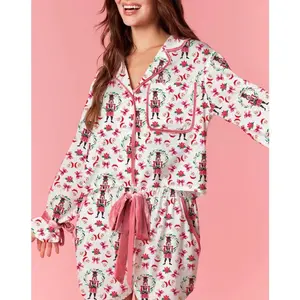 Women Christmas Pajama Set Santa/Tree Print Lapel Neck Button-up Long Sleeve Tops Shorts 2-Piece Loungewear Outfit