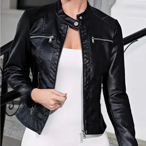Mock Neck Zip Up PU Leather Moto Jacket Punk Music Festival Fit Womenswear