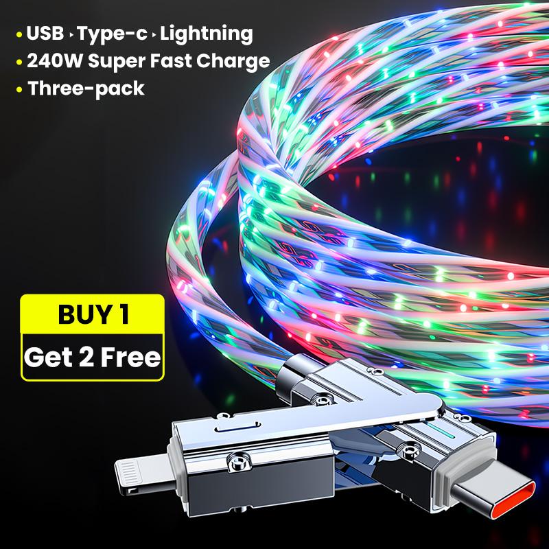 [Buy 1 get 2 free]2-in-1 240W RGB Flowing Light Fast Charging Cable, Zinc Alloy Rotatable Multi-Interface Cord, Compatible with iPhone Android, Luminous USB Type-C Lightning Charger