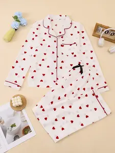 Women's Casual Sleepwear Loungewear Pajama Set, Heart Print Top + Long Pants, Valentine's Day Love Set, Comfortable Nightwear for Women
