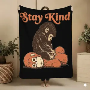 Stay Kind Monkey Flannel Blanket, Cute Baby Monkey Throw Blanket, Animal Lover Gift, Soft Fleece Cozy Blanket, Cute Nursery Decor, Comfort Gift