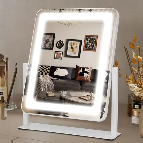 Bearolve Adjustable LED Vanity Mirror - 12.2"x15" Rectangular Aluminum Frame Mirror, 3-Way Dimmable, Smart Touch Control, 140 High-Brightness LED Beads, Non-Slip Base, Compact, Bedroom Desk Use, Ideal Anniversary Gift
