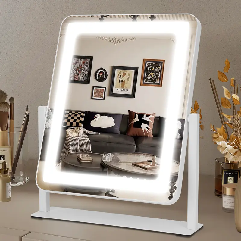 Bearolve Adjustable LED Vanity Mirror - 12.2"x15" Rectangular Aluminum Frame Mirror, 3-Way Dimmable, Smart Touch Control, 140 High-Brightness LED Beads, Non-Slip Base, Compact, Bedroom Desk Use, Ideal Anniversary Gift