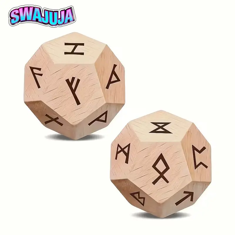 2Pcs Wooden Rune Dices, 12-Sided Polyhedral Astrological Divination Dice, Board Game Accessories for Adults, Mystery Game Type, Astrological Board Game Dice | Decorative Dice | Intricate Dice Design, Polyhedral Dice Set