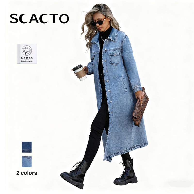 Scacto Women's Classic Long Cotton Denim Trench Coat - Collared Button-Front Long-Sleeve Outerwear for Elegant Basic Outfits, Back to School & First Day of School Looks