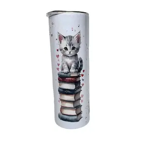 Cats on Stacks of Books 20oz Skinny Tumbler with reuseable Straw Bottle Drinkware