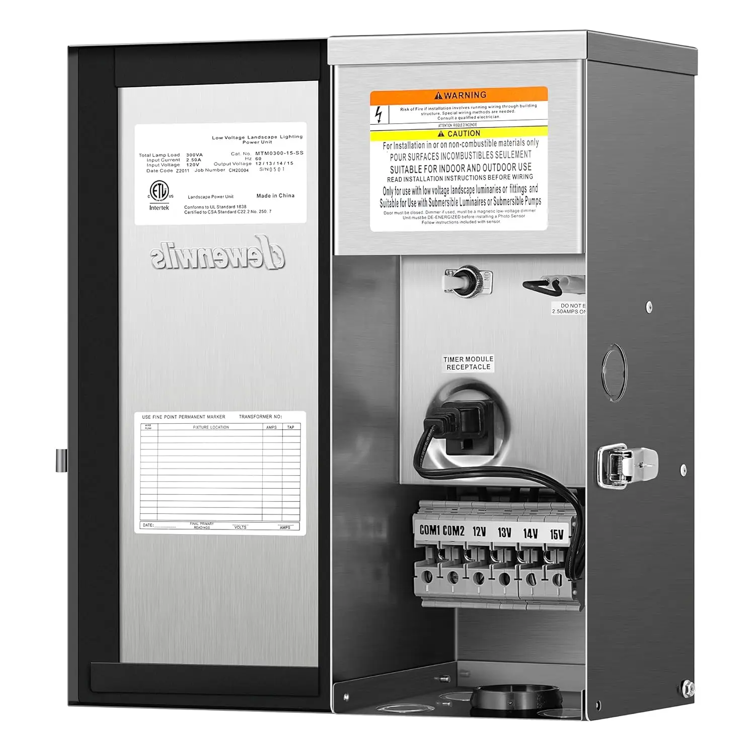 DEWENWILS 300W Multi-Tap Low Voltage Transformer, 120V to 12V/13V/14V/15V, 33.75A, 6ft Cord, Stainless Steel Shield, Outdoor Wall-Mount AC Power Supply, Timer & Sensor Compatible, Durable Waterproof ETL Listed for Landscape Lighting
