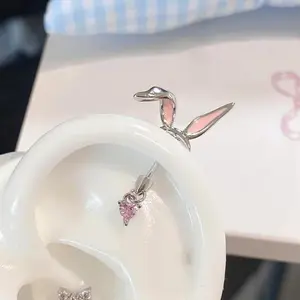 1Pcs Cute Pink Rabbit Ear Stud Y2K Zircon Artistic Sweet Design Unique Exquisite Beautiful Ear Bones Earrings Women's Jewelry