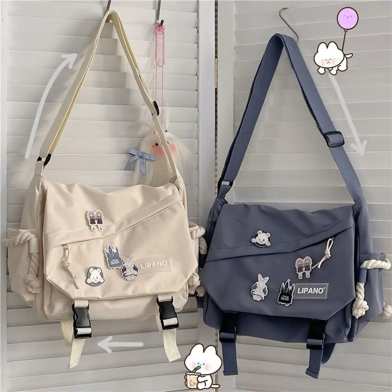 Large Capacity Adjustable Crossbody Shoulder Bag, Unisex Harajuku Style Functional Commuter & School Bag with 4 Badges, Casual Commuter Bag