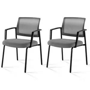 Mesh Back Stacking Chairs Set of 2, Upholstered Fabric Seat with Sturdy Metal Frame, Indoor Outdoor Stackable Chairs for Office, Home, School, Church, Party & Event, Gray