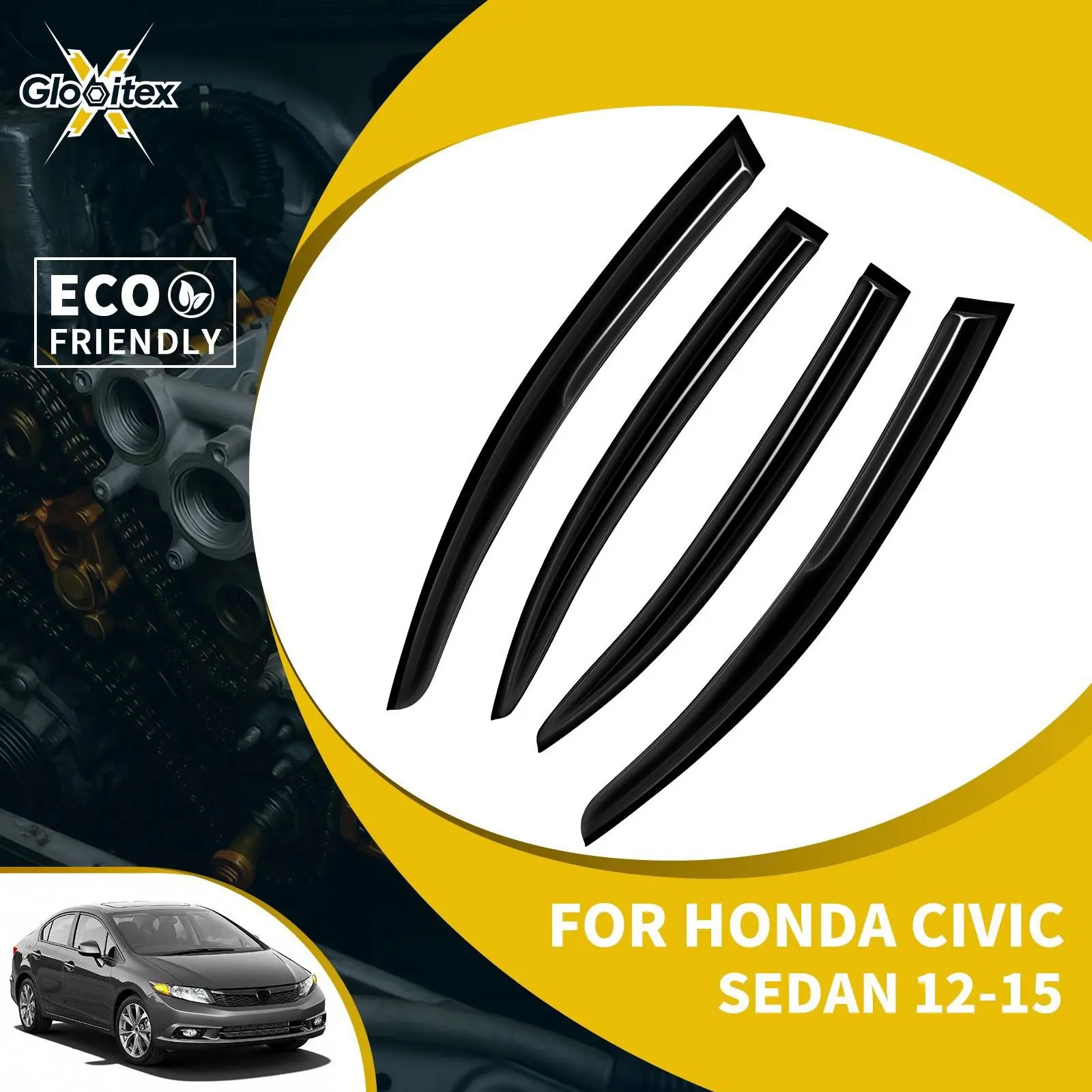 Tape-On Outside Side Window Visors - 4PCS JDM Mugen Style Acrylic Automotive Low Profile Sun Rain Guards, Vent Wind Deflectors with Sun Protection, Car Accessories for 2012-2015 4-Door Sedans Exterior Parts
