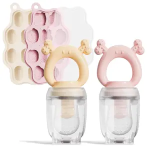 2 Pack Baby Fruit Feeder & Mini Freezer Nibble Tray Combo, Breastmilk Popsicle Molds with Baby Food Feeder, BPA Free Silicone for Teething Relief and Safe Infant Feeding (Nude & Pink)