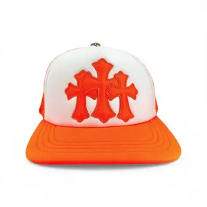 Chrome Hearts Unisex Size Trucker Hat, Featuring White-Orange Cemetery Cross Leather Patch
