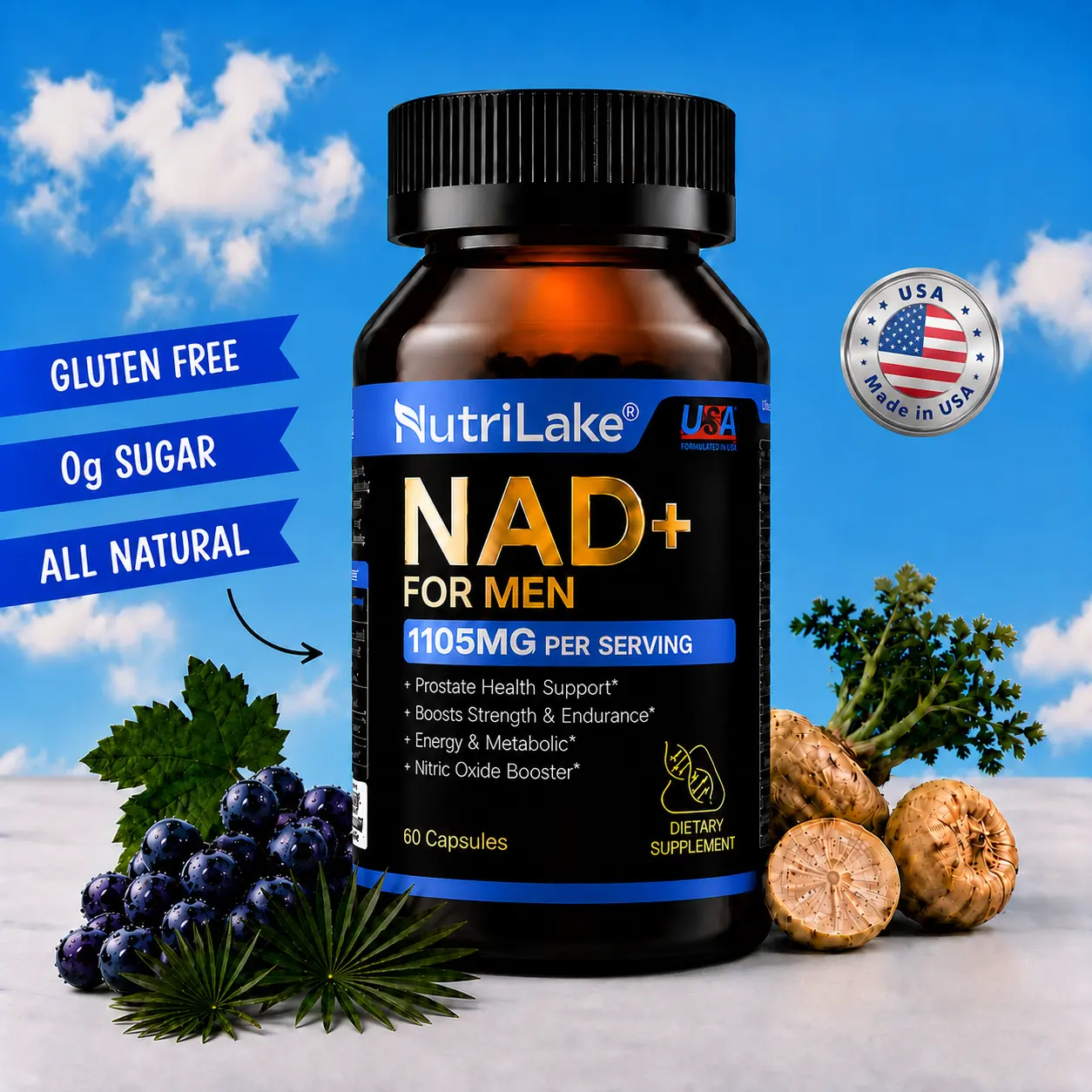 NutriLake NAD+ Supplements for Men Wrinkle Defense,Energy Support-Liposomal Complex with Trans-Resveratrol,CoQ10,Ashwagandha,Niacin,Vitamin B6,Supports Cellular Renewal, Energy & Performance - 60 Capsules Dietary Supplement Vitamins
