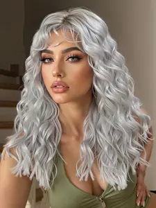 Silver Color Synthetic Hair Wig, Frontal Part, Mechanic Full Head Cover, Perfect for Parties and Music Festivals