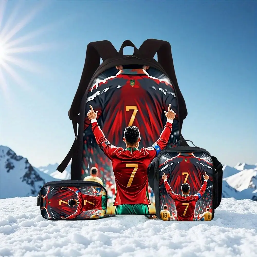 3-Piece CR7 Soccer Star Pattern Backpack Set – Large-Capacity Casual Backpack with Matching Clutch & Tote Bag, Perfect for Daily