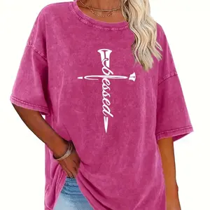 Blessed Nail Cross Vintage Washed 100% Cotton Oversized T-Shirt | Christian Faith Womens Casual Tee