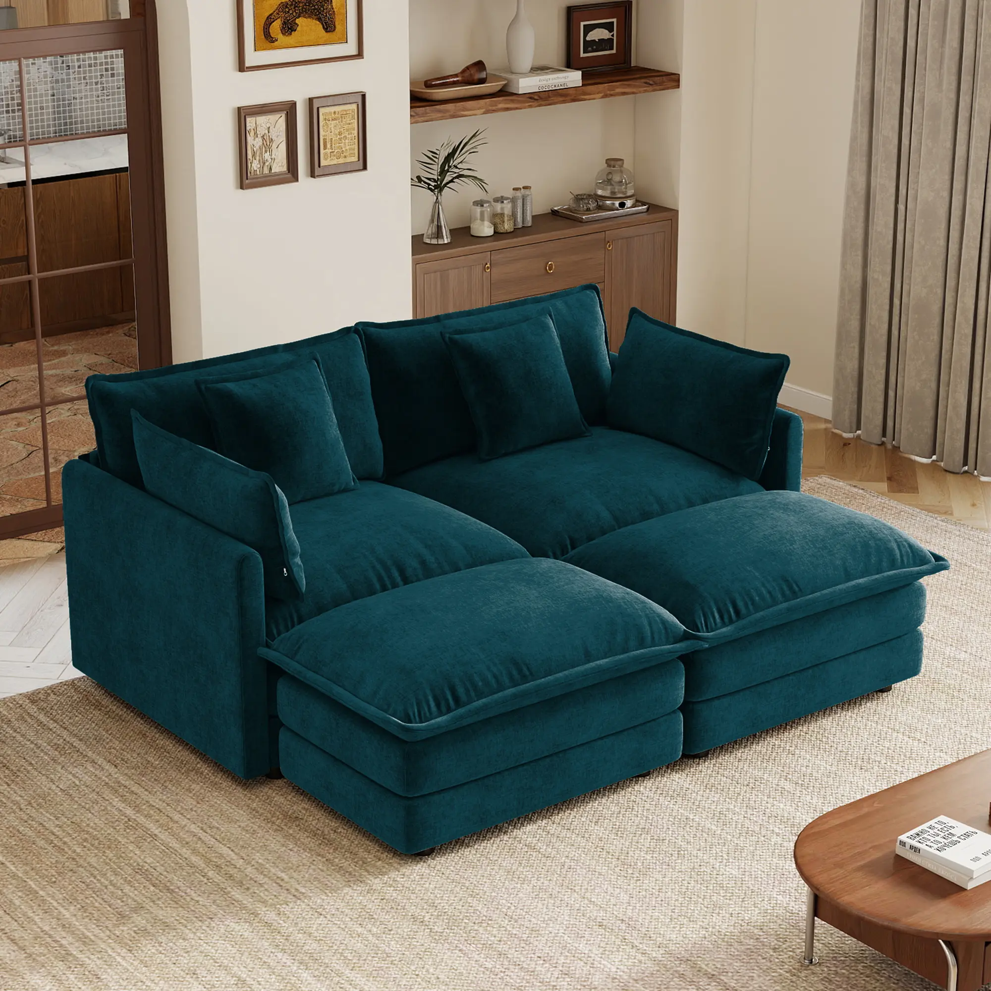 Blue Chenille Two-Seater Sofa Set with Ottomans and Pillows, Modular Design for Small Spaces, Easy Assembly
