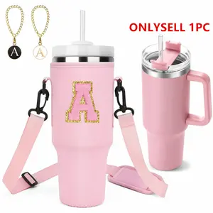Sports Cup set, A-Z cup holder bag for 40OZ thermos cup Tumbler with 2 letter chain, 1 self-adhesive Chenille letter, reusable stainless steel insulated water bottle to keep the drink cold for 34 hours, for grandma and mom's female Christmas gift