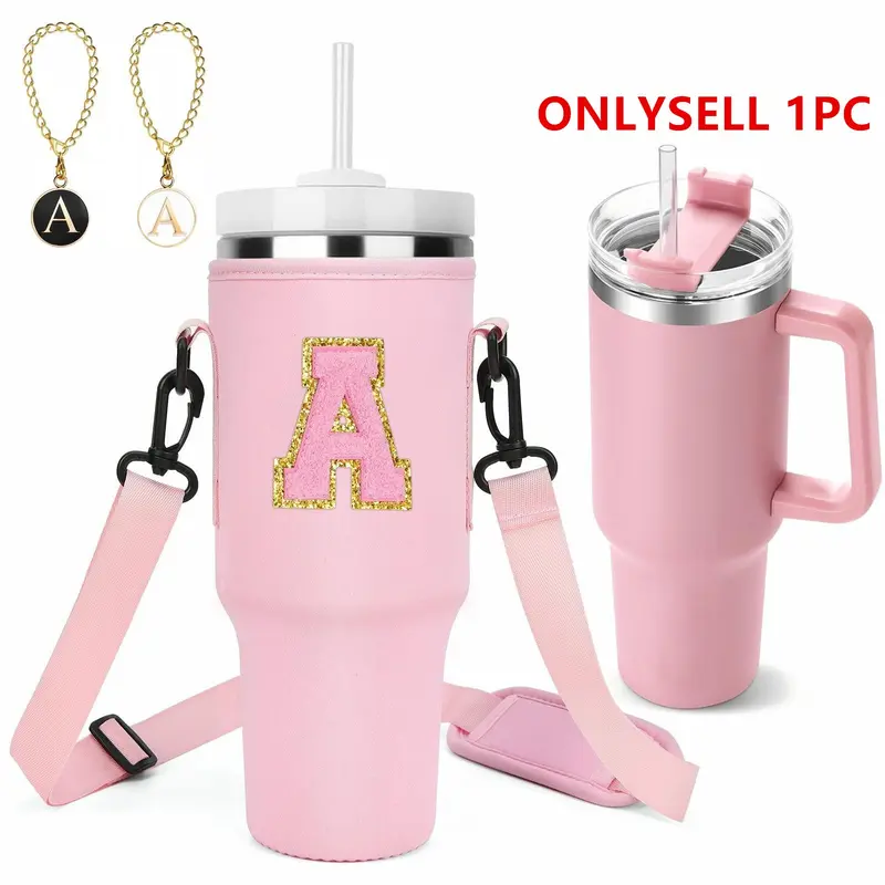 Sports Cup set, A-Z cup holder bag for 40OZ thermos cup Tumbler with 2 letter chain, 1 self-adhesive Chenille letter, reusable stainless steel insulated water bottle to keep the drink cold for 34 hours, for grandma and mom's female Christmas gift
