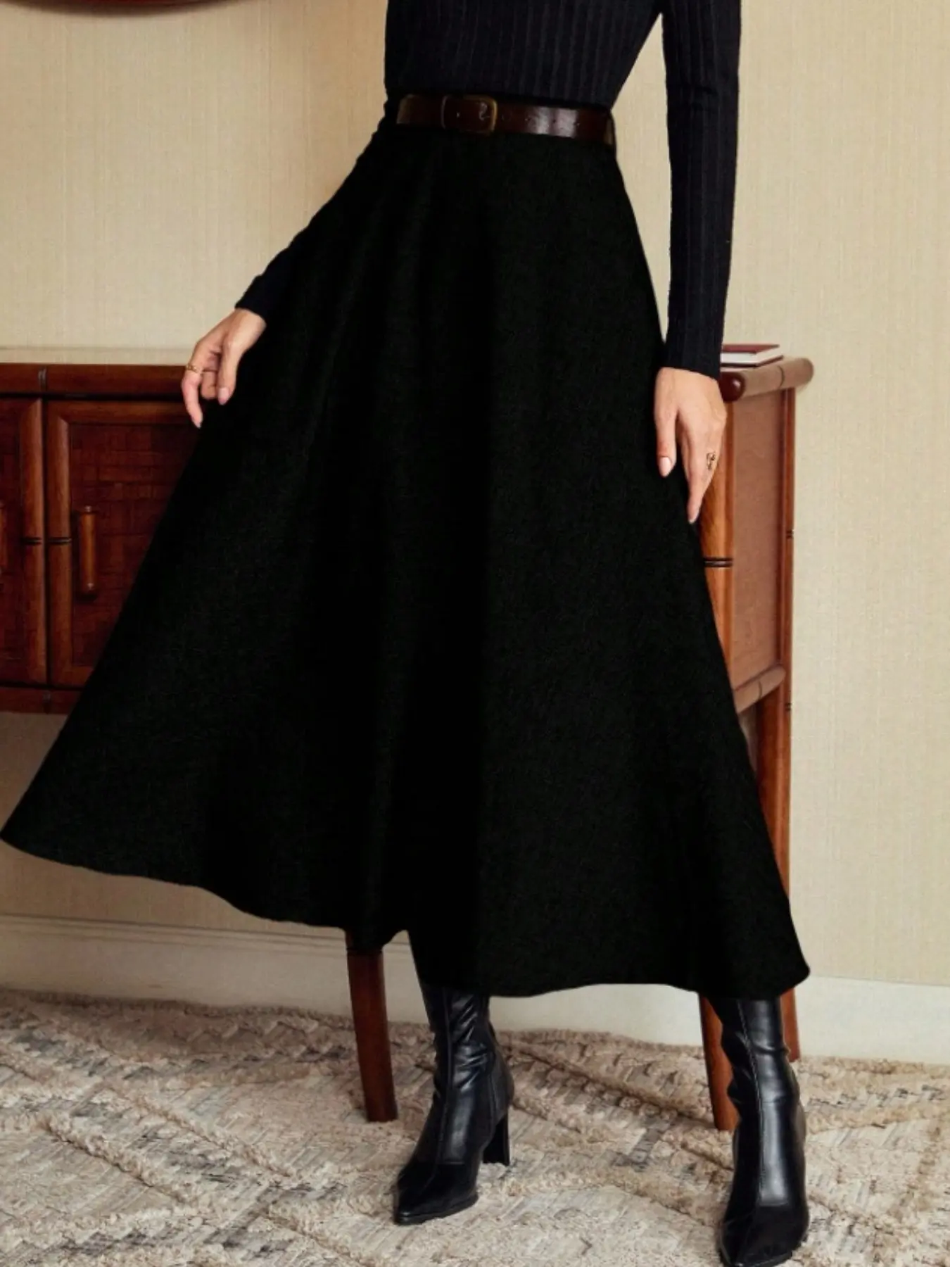 Autumn Winter Elegant Formal Long Skirt with Belt, Fitted Woven Fabric, Plain Pattern, Perfect for Daily Commuting Women's Skirt