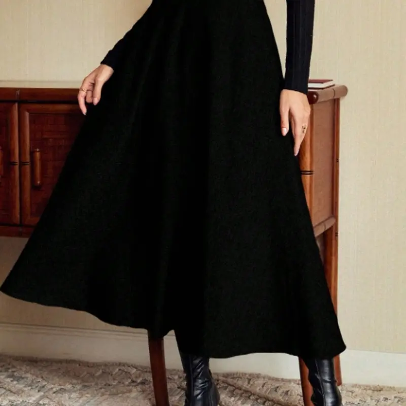 Autumn Winter Elegant Formal Long Skirt with Belt, Fitted Woven Fabric, Plain Pattern, Perfect for Daily Commuting Women's Skirt