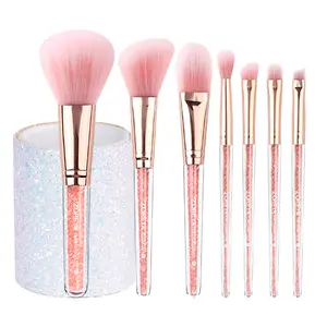 Pink Makeup Brush Organizer - 7 Pieces White Bucket Travel Case for Beginners, Slim Nylon Cosmetic Storage Cup, Portable for Foundation, Eyeshadow, Lip Brushes, Lightweight, Glue-Free, Waterproof