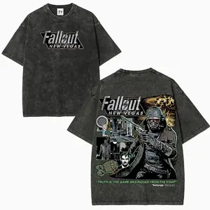 Vintage Fallout 3 New Vegas Green Wash Unisex Cotton T-Shirt Retro Gaming Tee for Gamers & Casual Wear Double-Side Washed Graphic Top Round Neck Streetwear Shortsleeve Menswear Tshirt ZDJ