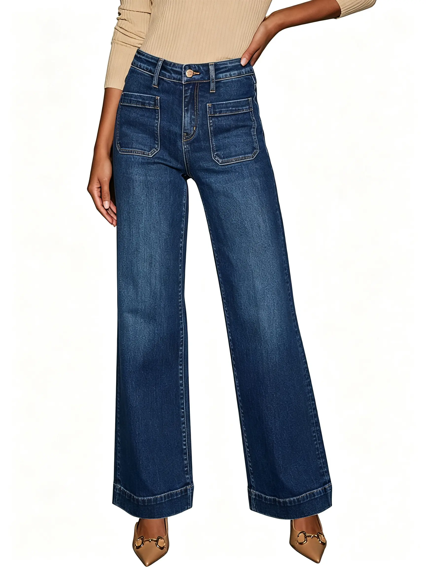 KUNMI Women's Wide Leg Jeans High Waisted Straight Leg Stretchy Denim Pants with Pockets