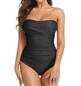 Smismivo Tummy Control Swimwear Strapless One Piece Swimsuit Ruched Slimming Bandeau Bathing Suits for Women