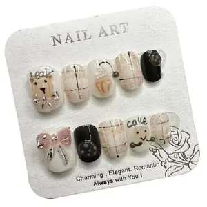 M16 Cute cartoon hand painted color combination short everything removable press nails almond press nail  glue