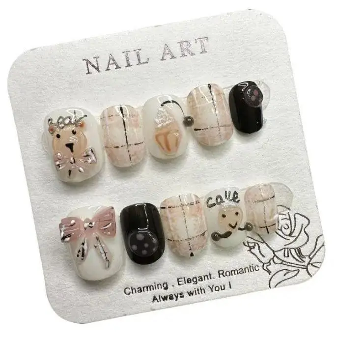 M16 Cute cartoon hand painted color combination short everything removable press nails almond press nail  glue