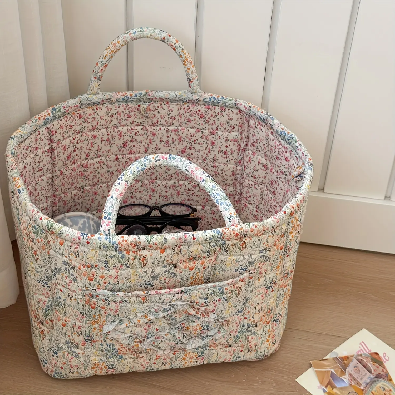 Vintage Floral Fabric Storage Basket - Large Capacity Multi-Purpose Storage Box with Handle, French Country Style, Home, Rectangular Design for Clothes and Accessories, Laundry Basket, Under-Bed Storage