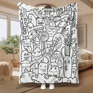 Colorable monster fleece blanket - Soft and warm. A gift blanket for family and friends, a small nap blanket, a sofa blanket, a multi-functional blanket for camping and traveling, a veteran's blanket, a retro hand-painted fashionable blanket.