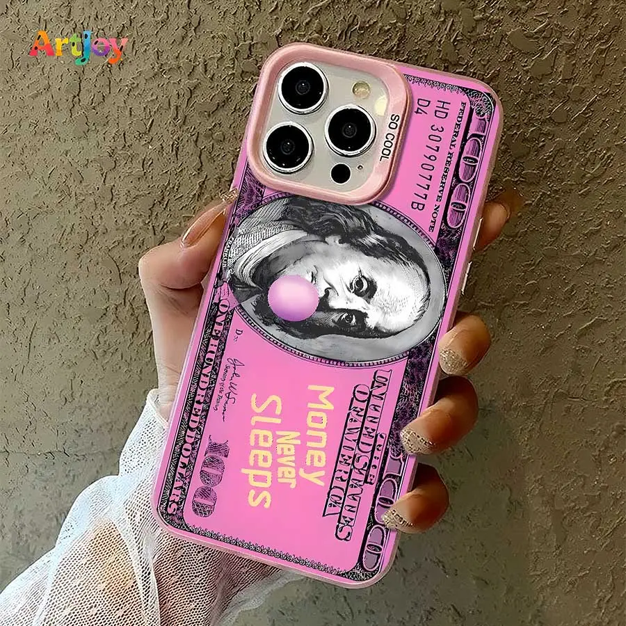 TPU Soft Shockproof Cellphone Case Cover - Protective Casing Accessories for iPhone 17 Pro Max,16,16 Plus,15,14,13,12 Series - HD Print Pink 100-Dollar Bill Bubble-Blowing Portrait Minimal Design - Ideal Birthday Gift